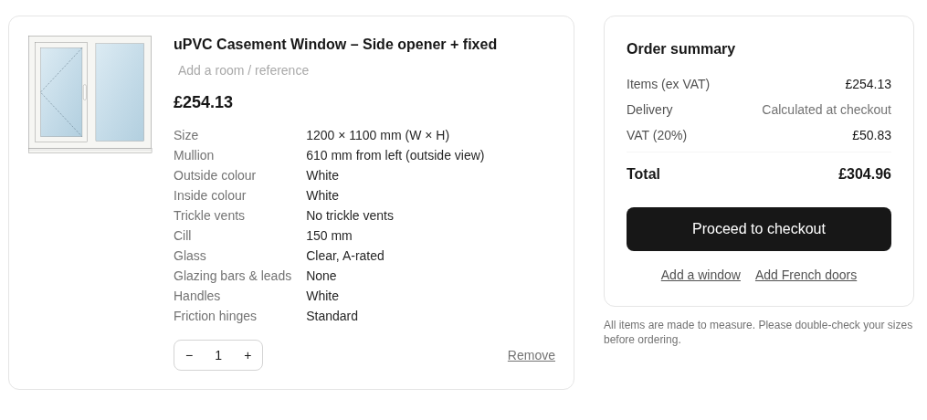 The shopping basket in the PVC Windows Online shop, ready to check out