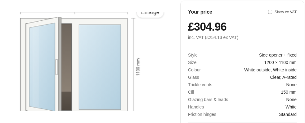 A made-to-measure window next to its live price in the PVC Windows Online shop