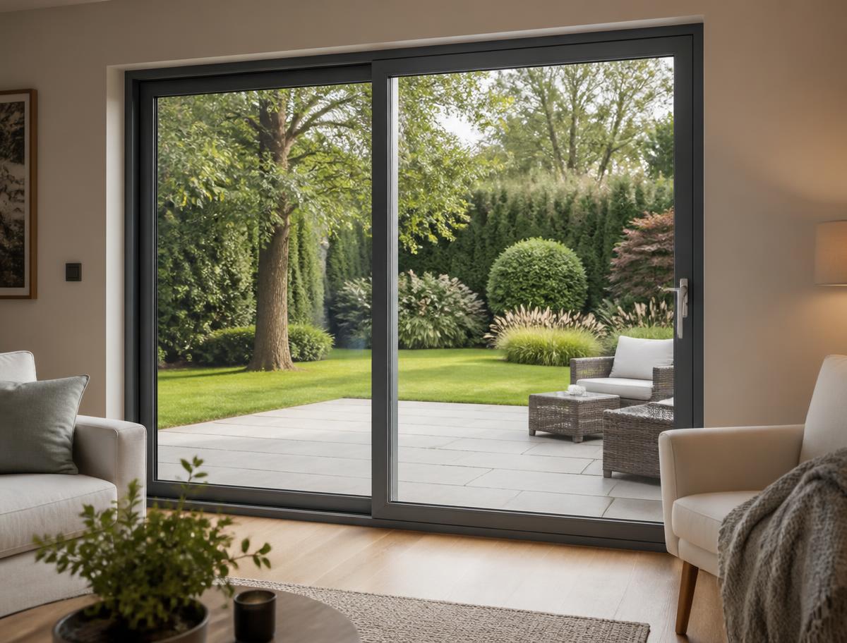 sliding patio doors online — shown in a finished opening