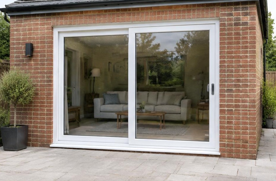 sliding patio doors online — white two-panel patio doors
