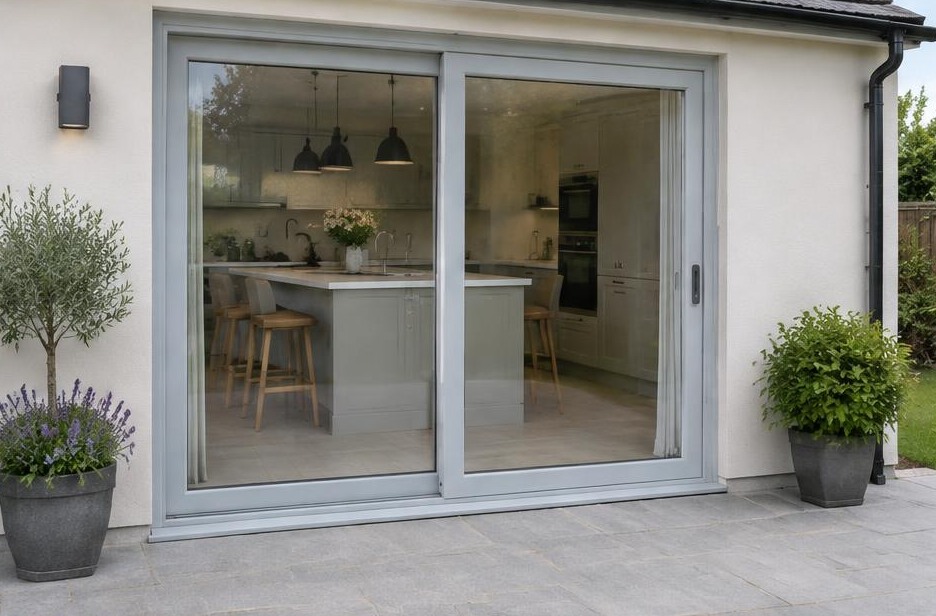 sliding patio doors online — light grey kitchen patio doors