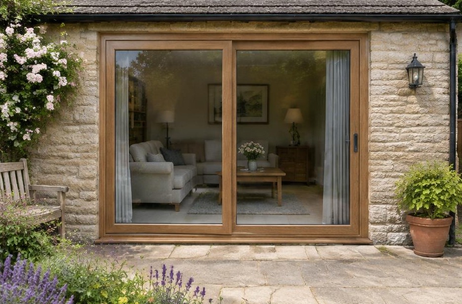 sliding patio doors online — oak-effect cottage patio doors