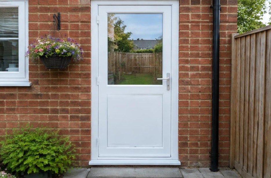 uPVC doors online — white half-glazed rear door