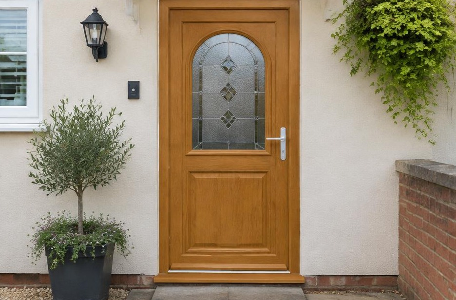 uPVC doors online — oak-effect decorative glazed door