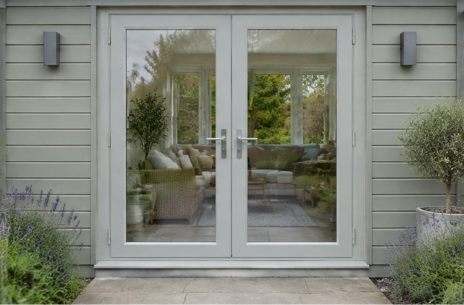 uPVC French doors online — pale grey garden-room french doors